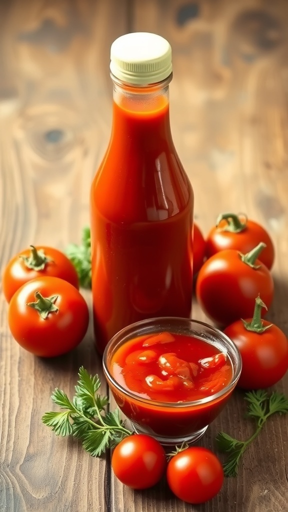 A bottle of homemade tomato ketchup with fresh tomatoes and herbs on a wooden table.